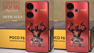 Poco F6 Deadpool Edition smartphone with red and black design, featuring Deadpool logo on the back.