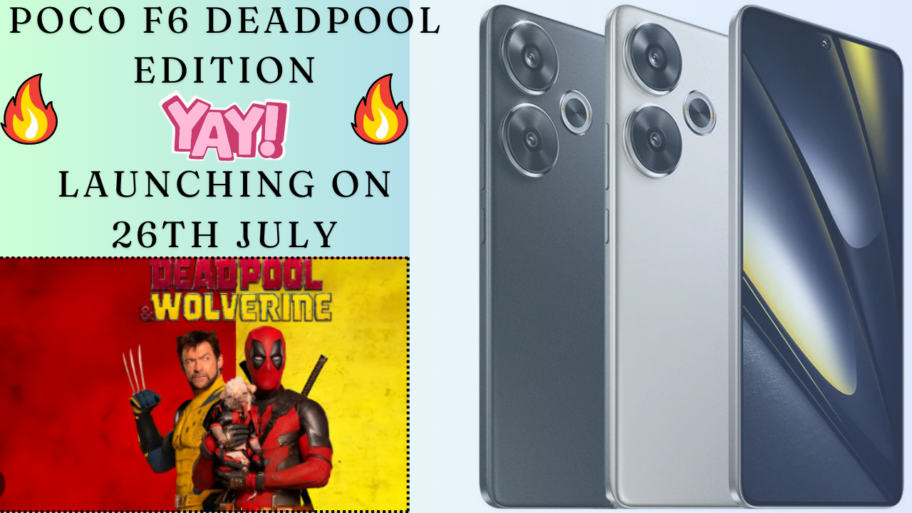 Poco F6 Deadpool Edition smartphone with red and black design, featuring Deadpool logo on the back.