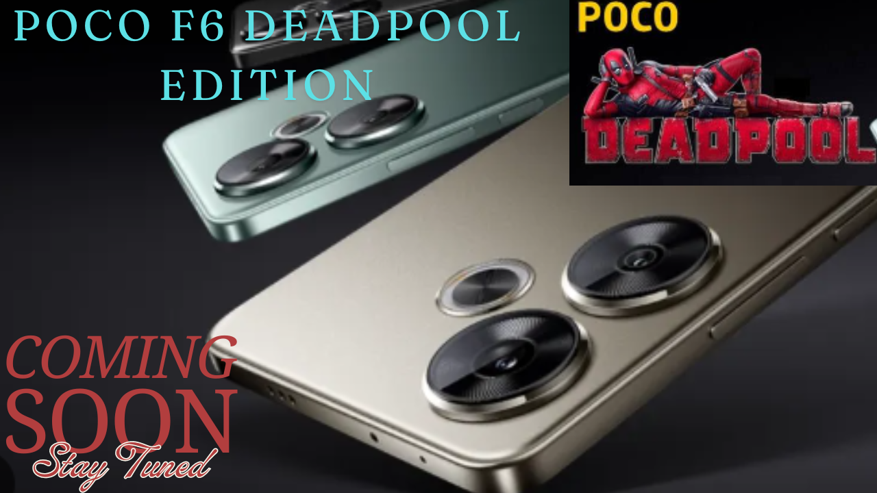 Poco F6 Deadpool Edition smartphone with red and black design, featuring Deadpool logo on the back.